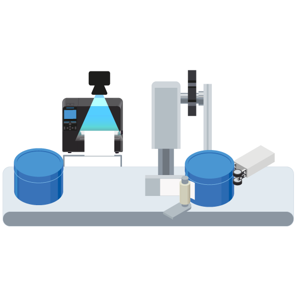 Automated operations with robots and label printing and applying equipment