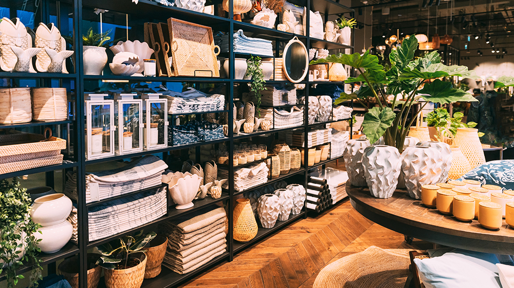 View of assortment of decor for interior shop in store of shopping center. Home accessories and household products in store of shopping center. Home plant in flower pot
